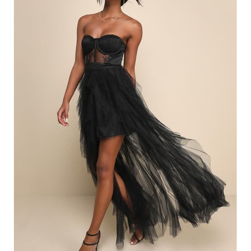 Lulu's Black Strapless High-Low Tulle Maxi Dress